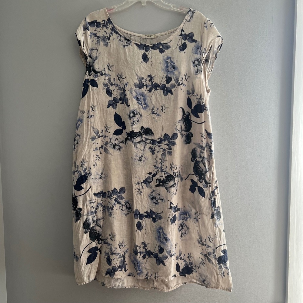 Lungo L'Arno Womens 1X Linen Floral Shift Dress Blue Beige Made in Italy Coastal
